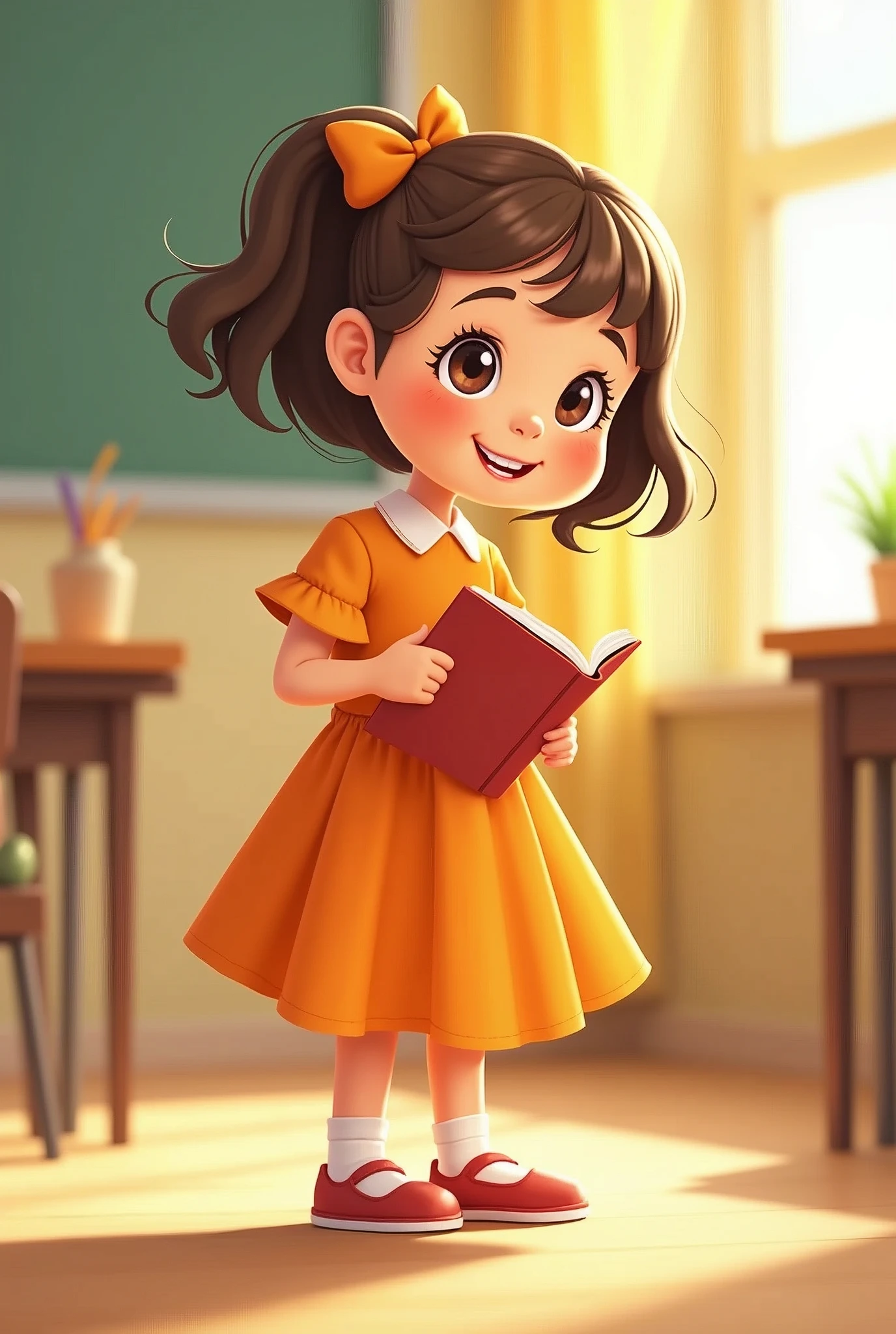an image of a little girl, front view, full body in an orange dress with different movements with hand , inspired by Mario Comensoli, a screenshot, behance, in school or classroom, children illustration, kids book illustration, childrenbook illustration, illustration for children, children's illustration, childrens book illustration, colorful kids book illustration