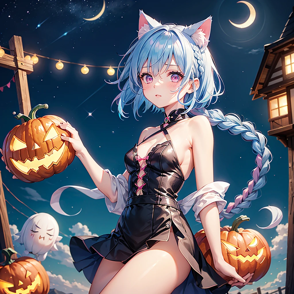 (Sky blue hair),(Braided short hair), (Pink Eyes),Fair skin) ,(whole body),(One Girl),(Crescent Moon),(There are lots of pumpkin ghosts in the background),Cat ear,Cat&#39;s Tail,(Sailor suit),(Ahegao),(Fall into Darkness),If you don't give me sweets, I'll play a prank on you.),Halloween Night Party),(masterpiece, Highest quality, Very detailed, Best Shadow), (Detailed Background), (Beautifully detailed face), High Contrast, (Best lighting, Very delicate and beautiful), ((Cinematic Light)), Hyper Detail,8k, Dramatic Light, Intricate details,night,(Bats flying in the background),Pumpkin handbag,There are sweets in the bag,High quality