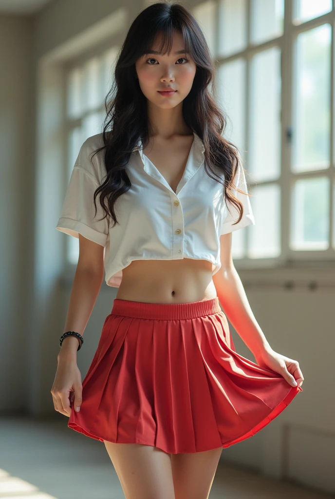 2 school asian girl , lifting her skirt, no bra, full body