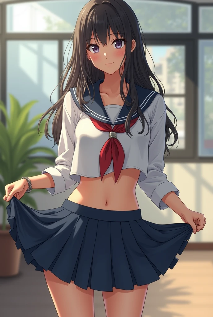 1girl in、AS-Adult、a smile、The shirt、skirt by the、（small tits）Chilarism、Japan High School Student Uniform、serafuku、summer clothing、（Sheer Bra）、Upper body portrait、the wind、Squatting panchira、