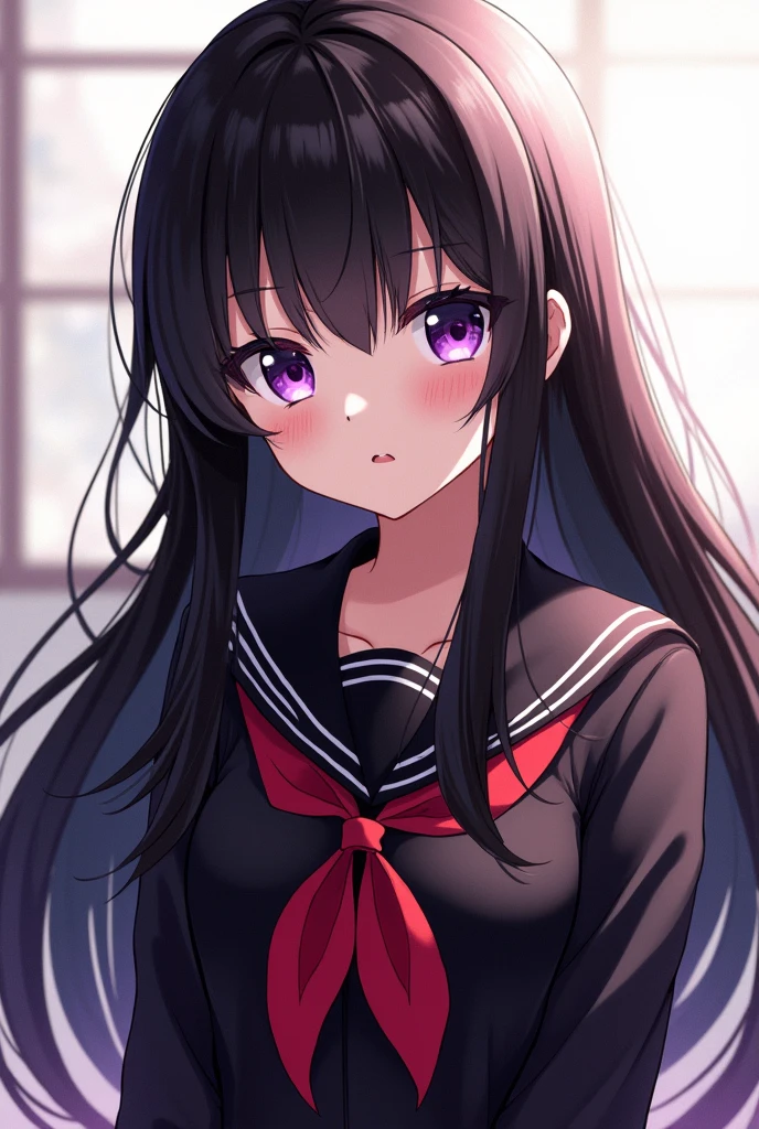 1girl, chitanda eru, long hair, black hair, school uniform, purple eyes, white shirt, white socks, pleated skirt, bangs, black sailor collar, neckerchief, black skirt, long sleeves, (shirt lift:1.2), navel, bra,