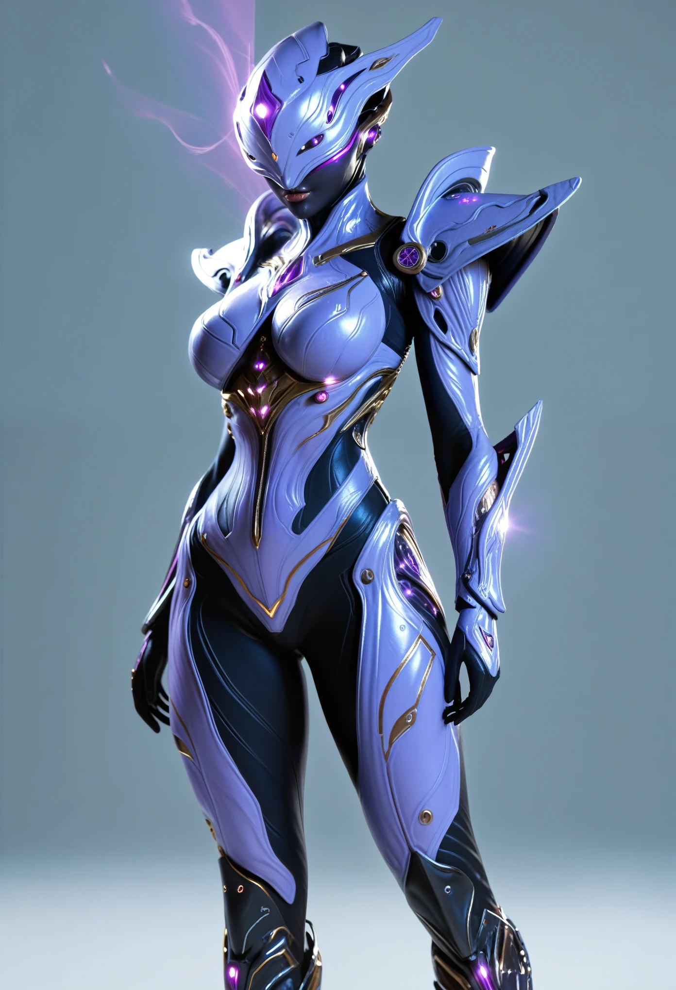 score_9, score_8_up, score_7_up, Wear purple and white mechanical clothing, Wonders of the machine, cyber, Cybernetic Guardian, Futuristic Armor, whole body, Front pose, Symmetric, Complex (Steel Metal [rust]), joint, Warframe style, cyborg, Female body armor, (Best Quality, 4K, 8K, High Definition, Masterpiece:1.2), (Ultra Detailed, Realistic, Photorealistic:1.37), detailed fractal patterned skin, cute lips, Bioluminescence, dark aura