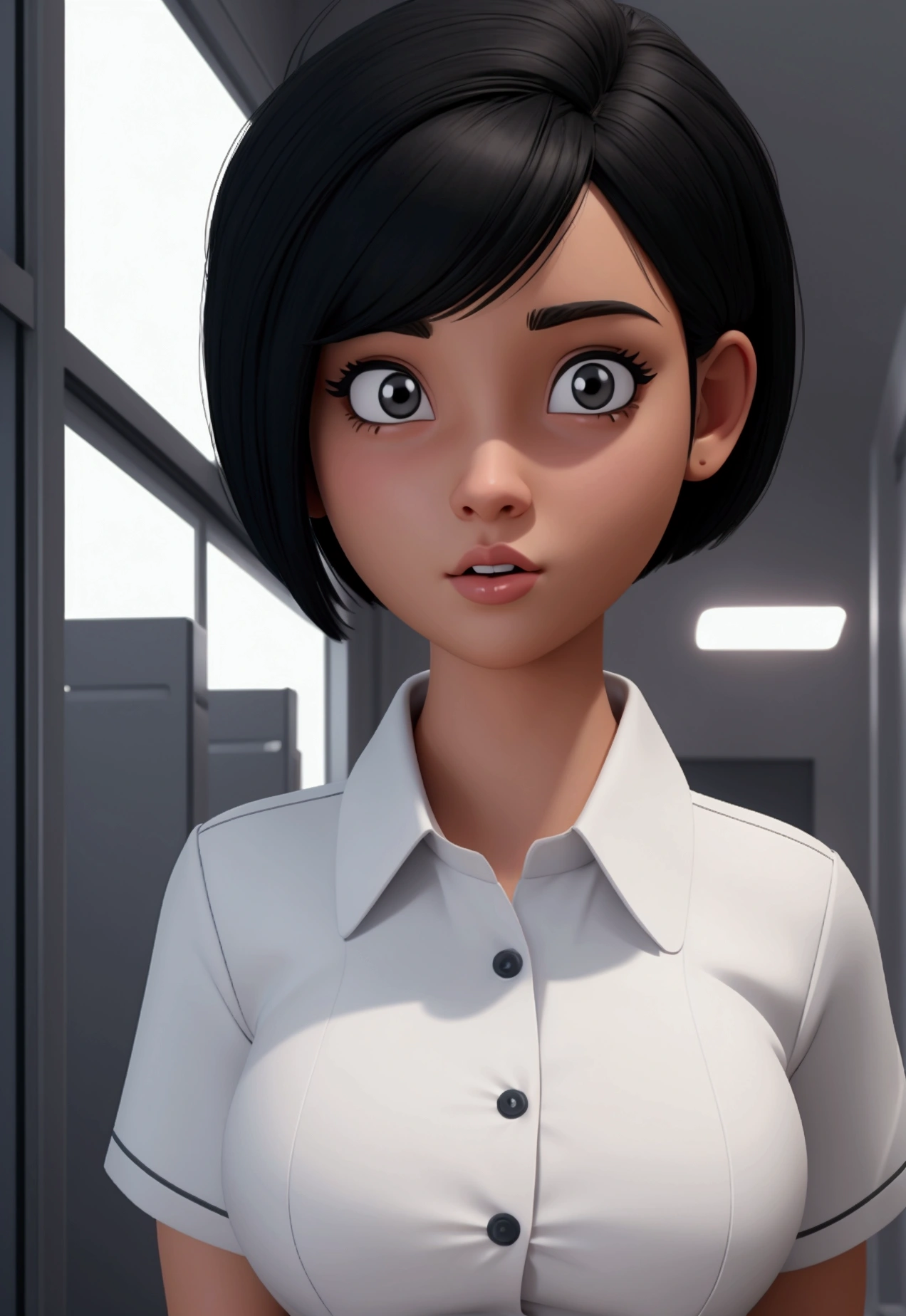 3D cartoon image of a girl wearing a school uniform, short hair