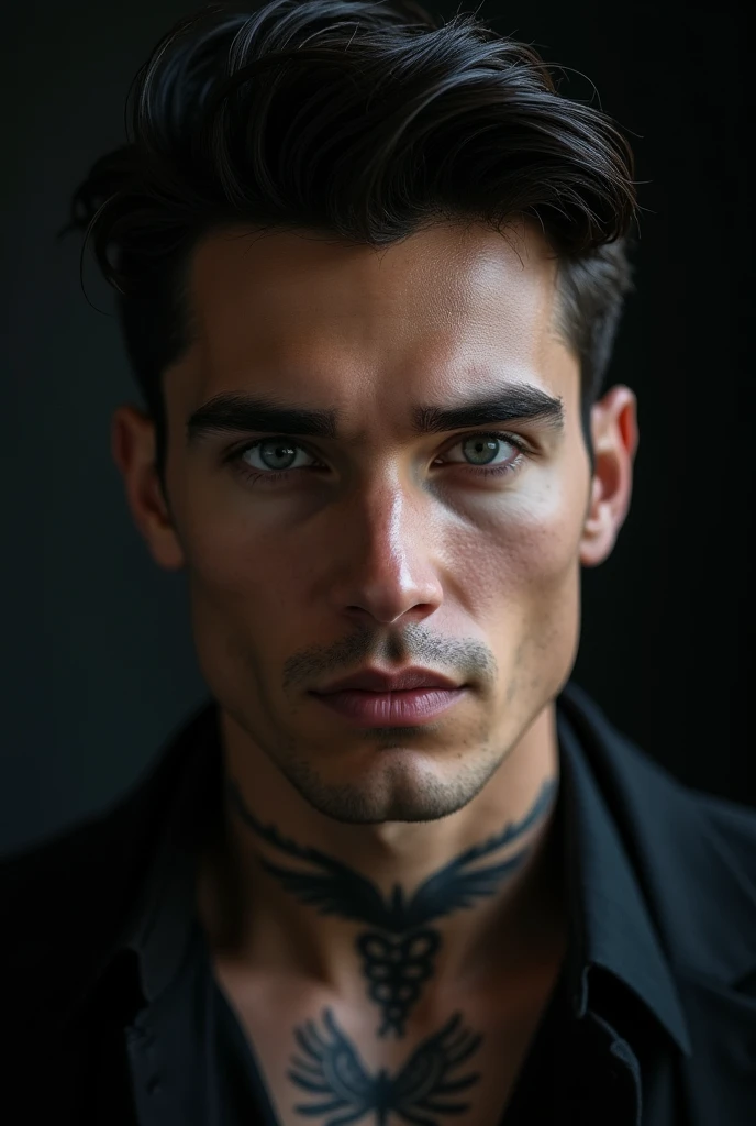 Dark-haired man with gray eyes, athletic build, about 32 years old, handsome,Sexy with a pert nose, a neck tattoo, and a formal haircut