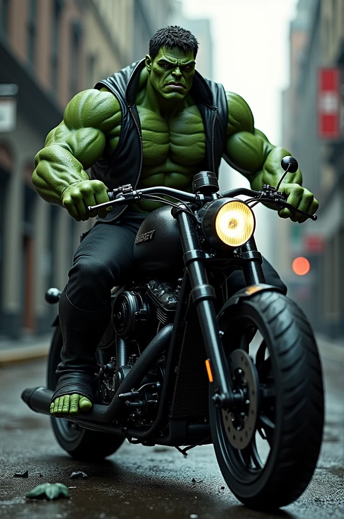hulk dressed in black on a black chopper motorcycle