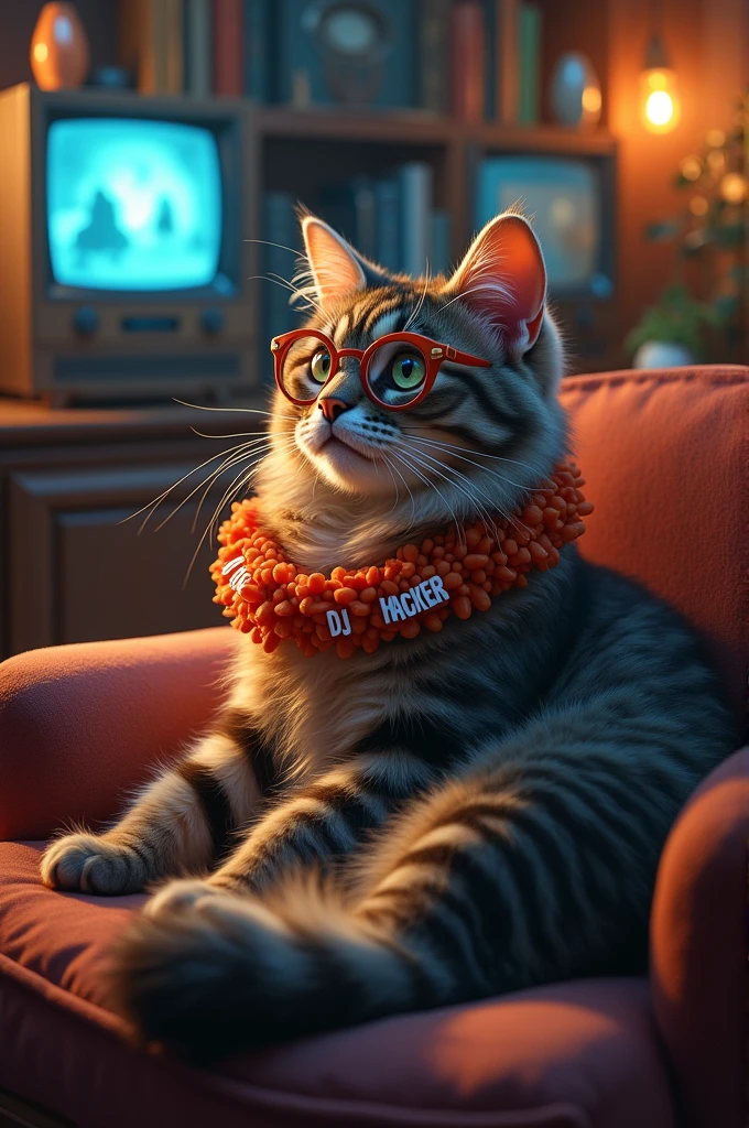 A cat is sitting in eye glasses and different kinds of light are shining on its ears and glasses. And Baralata looked very beautiful. And Baral was sitting and watching TV. And he had various kinds of furniture in his possession. And Biralta had a garland around his neck and on the garland was written MR. The name was written DJ HACKER.