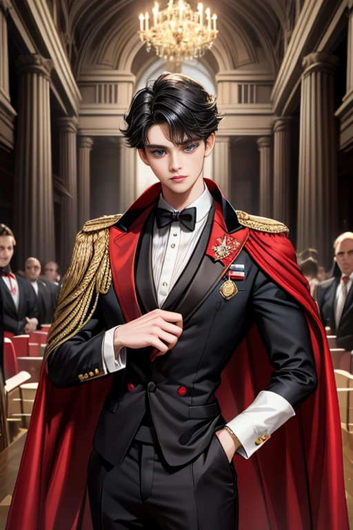 
masterpiece, 最high quality, high quality, 1 boy, alone, Male focus, Watching the audience,  Messy black hair, Adorable big blue eyes, White, Noble, Noble,A black and red cape that is bursting with sexy volume、Tuxedo、A very voluminous, large, very large, very large, long, long red and black cape with a high stand-up collar, made of a lot of fabric that reaches down to the floor., 17 years old,Cute beautiful boys,Cute, cute, kind, handsome guy