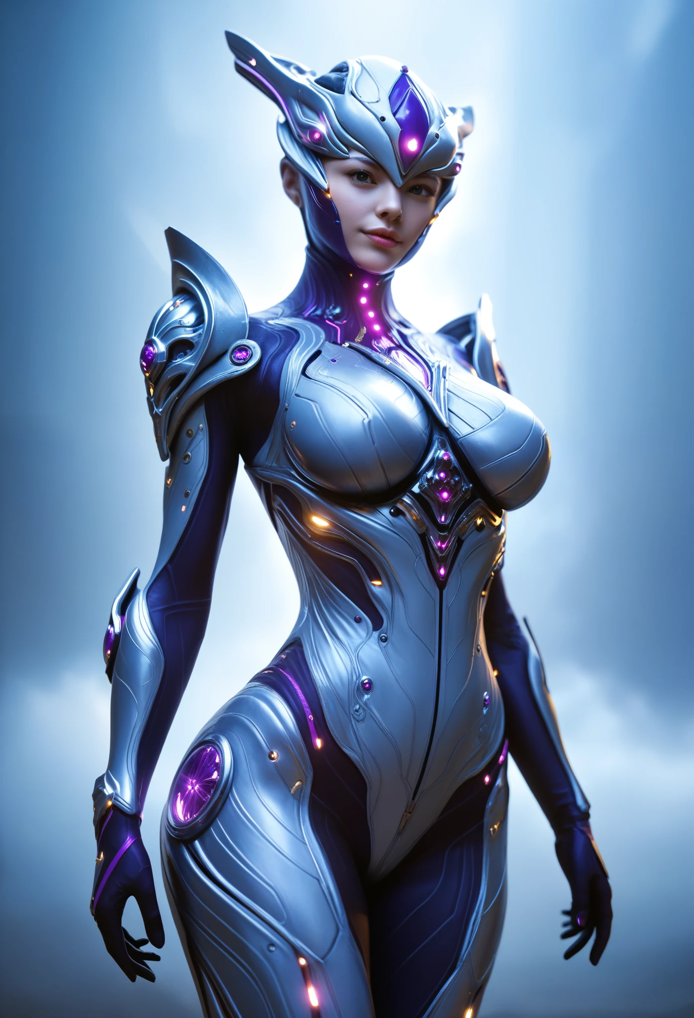 score_9, score_8_up, score_7_up, Wear purple and white mechanical clothing, Wonders of the machine, cyber, Cybernetic Guardian, Futuristic Armor, whole body, Front pose, Symmetric, Complex (Steel Metal [rust]), joint, Warframe style, cyborg, Female body armor, (Best Quality, 4K, 8K, High Definition, Masterpiece:1.2), (Ultra Detailed, Realistic, Photorealistic:1.37), detailed fractal patterned skin, cute lips, Bioluminescence, dark aura