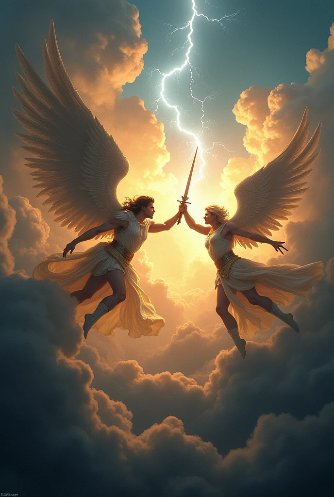 Create an intense battle scene in the sky. Angels fight with luminous swords. Lucifer faces the Archangel Michael, who shines with divine light. Add lightning and dark clouds in the background to intensify the conflict.