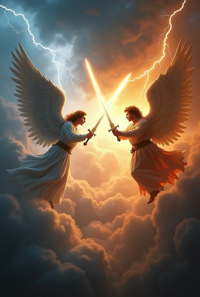 Create an intense battle scene in the sky. Angels fight with luminous swords. Lucifer faces the Archangel Michael, who shines with divine light. Add lightning and dark clouds in the background to intensify the conflict.