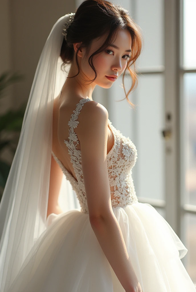8K, Super detail, ccurate, Best quality, Masterpiece, Super detail, High details, High quality, Best quality, A high resolution ,1girll,huge tit,fit and muscular body,white wedding gown