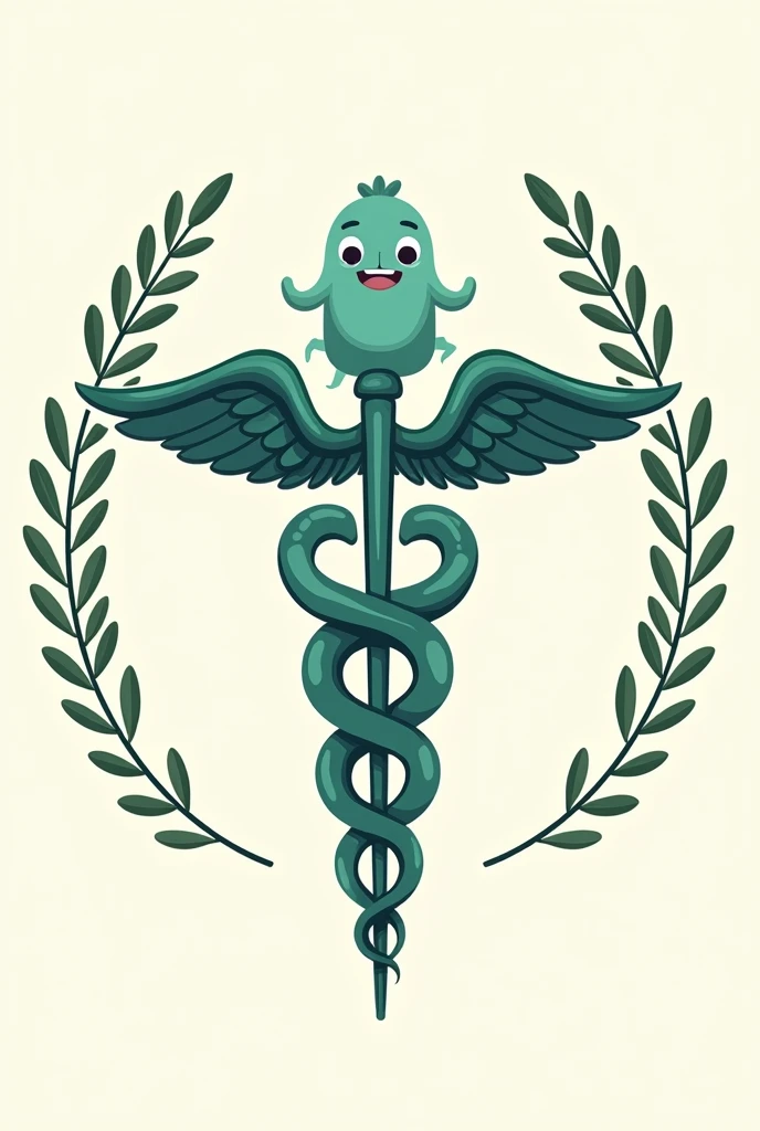 A caduceus with a bacteria (bacillus) at the tip, accompanied by olive branches, drawn below like a cartoon 