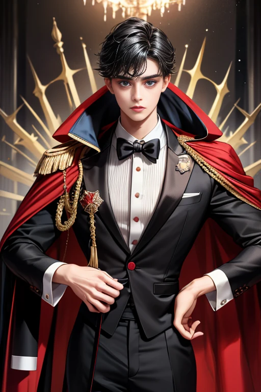 masterpiece, 最high quality, high quality, 1 boy, alone, Male focus, Watching the audience, Messy black hair, Adorable big blue eyes, White, Noble, Noble,A black and red cape that is bursting with sexy volume、Tuxedo、A very voluminous, large, very large, very large, long, long red and black cape with a high stand-up collar, made of a lot of fabric that reaches down to the floor., ,Cute beautiful boys,Cute, cute, kind, handsome guy