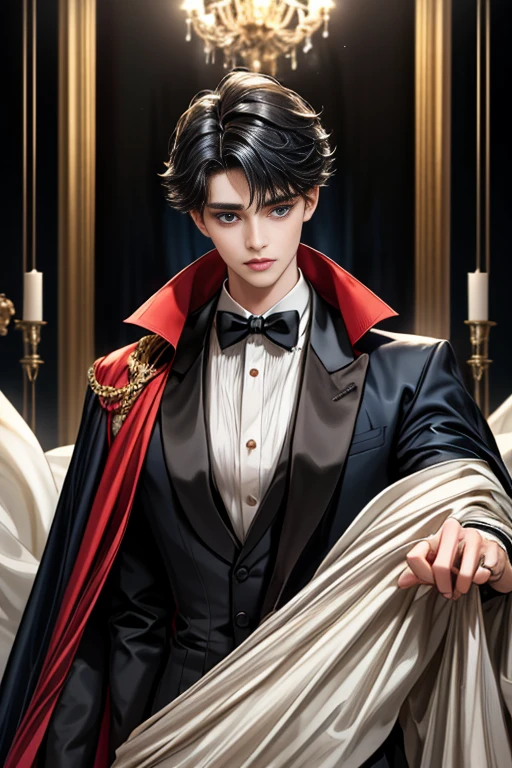 
masterpiece, 最high quality, high quality, 1 boy, alone, Male focus, Watching the audience,  Messy black hair, Adorable big blue eyes, White, Noble, Noble,A black and red cape that is bursting with sexy volume、Tuxedo、A very voluminous, large, very large, very large, long, long red and black cape with a high stand-up collar, made of a lot of fabric that reaches down to the floor., 17 years old,Cute beautiful boys,Cute, cute, kind, handsome guy