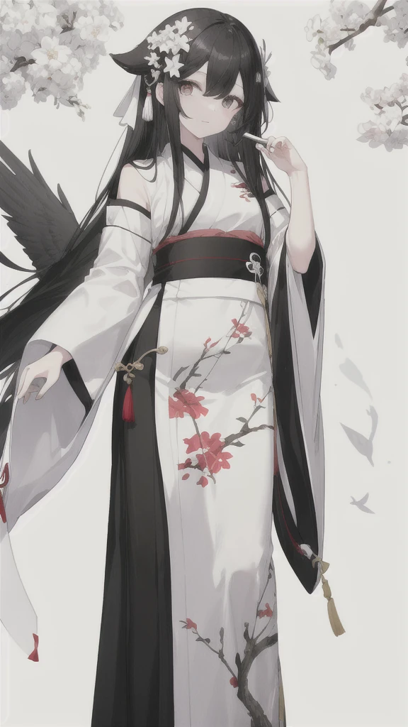 wagtail,Long black hair,Hair tips are white,Different colored eyes,The left eye is black,Right eye is silver,Black and white Hanfu