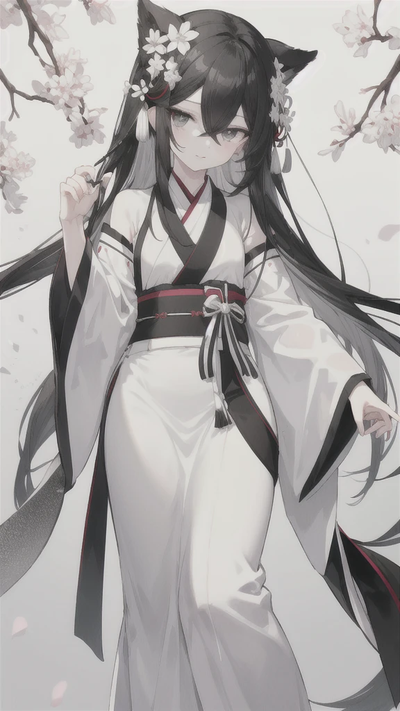 wagtail,Long black hair,Hair tips are white,Different colored eyes,The left eye is black,Right eye is silver,Black and white Hanfu