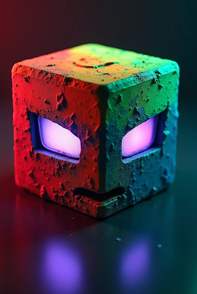 cube, front part is divided into four colors; red, green, blue and yellow. The eyes are rectangular, phosphorescent purple and with an angry expression, without a mouth or nose, cyberpunk style.