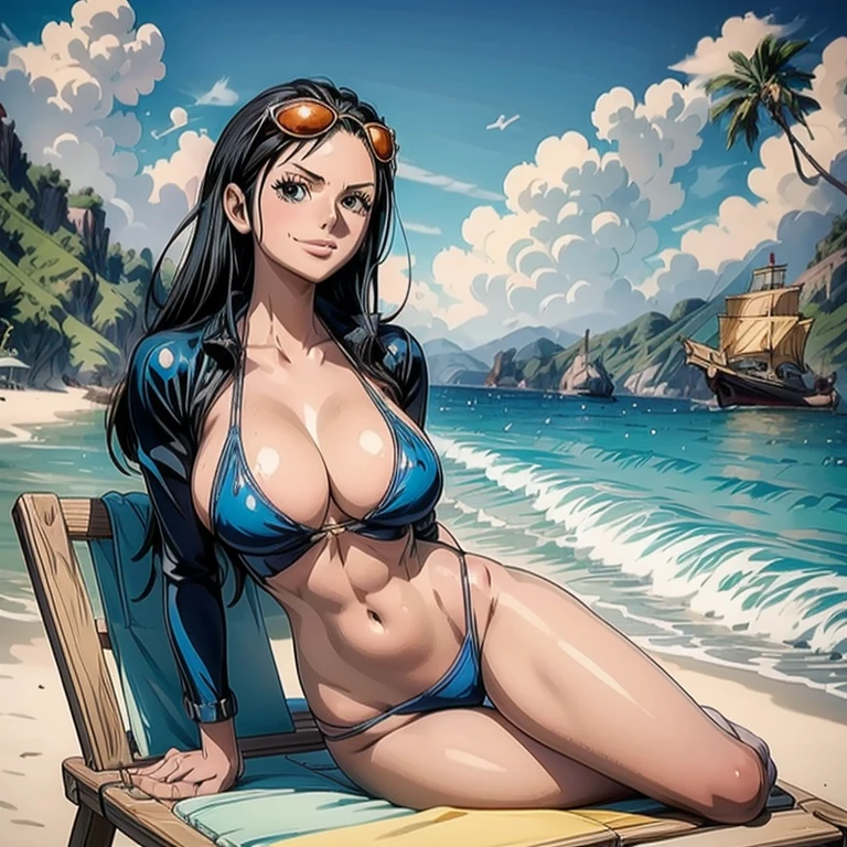 ((best quality, 8K, masterpiece:1.3, ultra-detailed, high resolution, detailed background, cinematic lighting)), Actual, Realistic,  detailed eyes, ((Everything is sparkling, reflecting light:1.2)), (Best Ratio: 4 fingers, 1 thumb), , BREAK, 1 person, Nico Robin ((one piece)), Beautiful woman with perfect body, smile, Cleavage, Slim waist, Highly detailed facial and skin texture, sexy posing, wearing micro bikini, sunglasses, lying on a Beach Chair, Skin wet with sun oil, full-body, dynamic angle, outdoor, beach