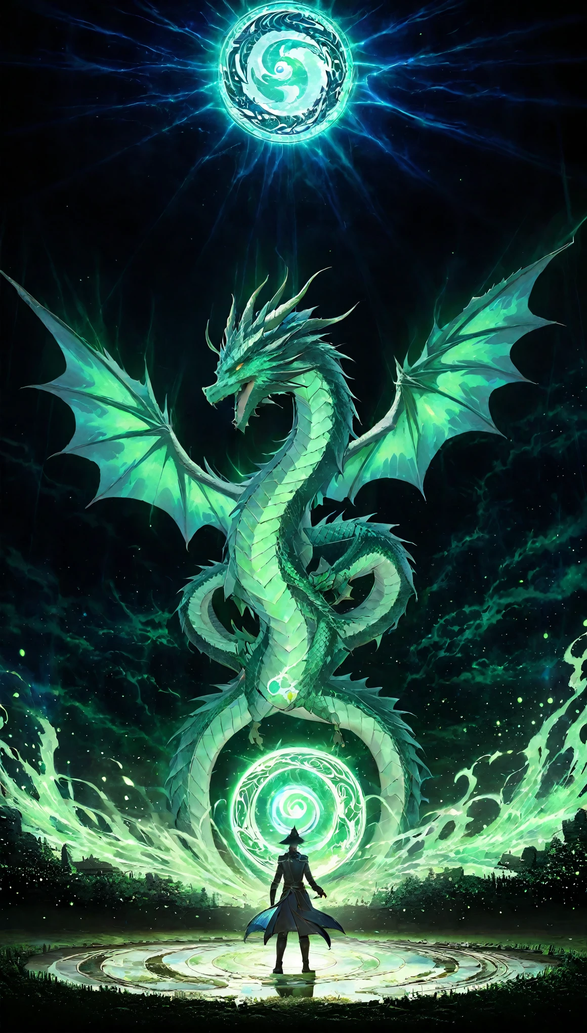 wabstyle Natural Order Style,front view of a dragon standing in a farm standing summoning glowing Yin-Yang symbol in front of him,special effects,highly detailed,ultra-high resolutions,32K UHD,best quality,masterpiece The left half emits a pure divine light, while the right half is shrouded in the dark shadow of demons