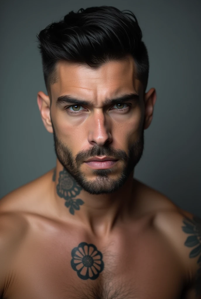 Dark-haired man with gray eyes, athletic build, about 32 years old, handsome,sexy snub nose tattoo on neck with formal haircut with short beard