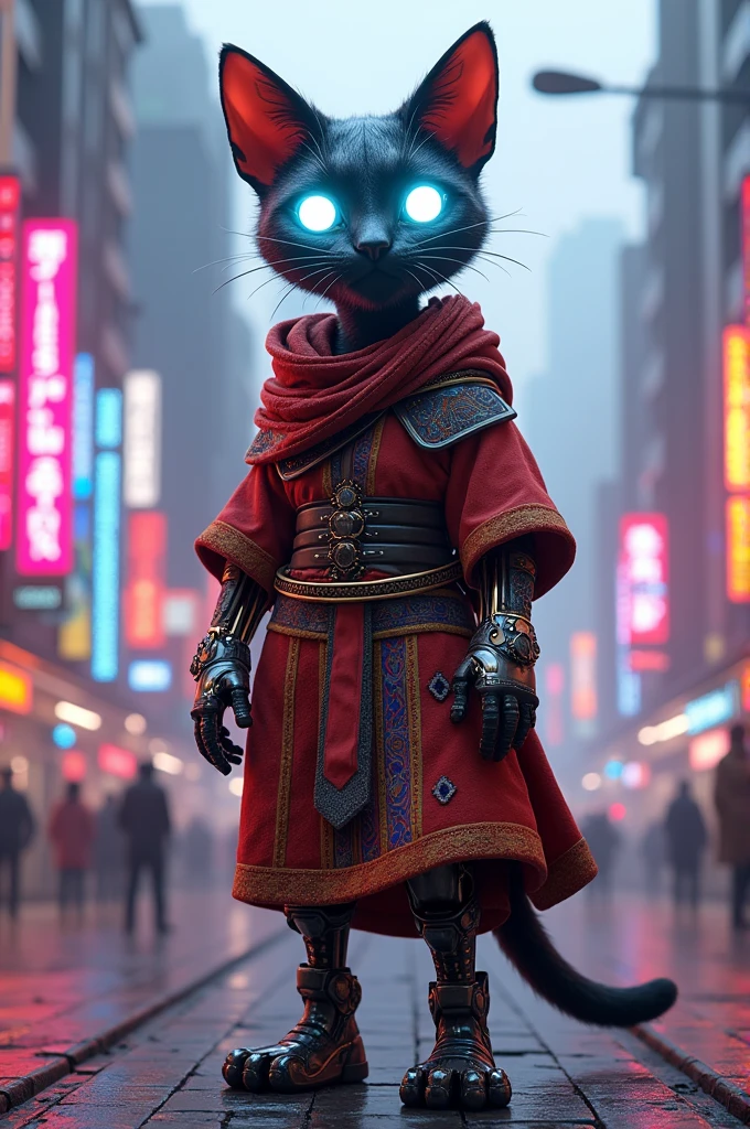 Create a cyberpunk animation of a humanoid Roman cat in traditional Peruvian costume