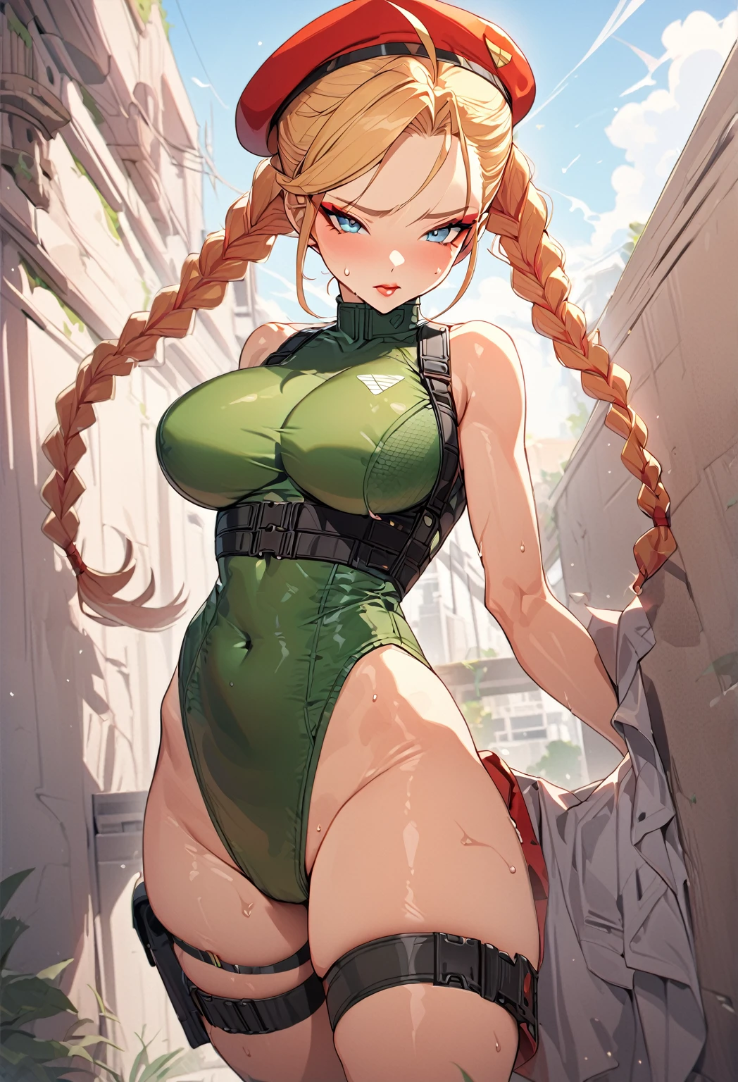 masterpiece,best quality,extreme detail,8k,cammyfn, 1girl, solo, long hair, breasts, blue eyes, blonde hair, large breasts, gloves, red hat, braid, ahoge, twin braids, leotard, lips, makeup, beret, scar, antenna hair, nose, harness, huge ahoge, green leotard,sleeveless, sweaty,sweat, exhausted,sleeveless,cross eye, full body