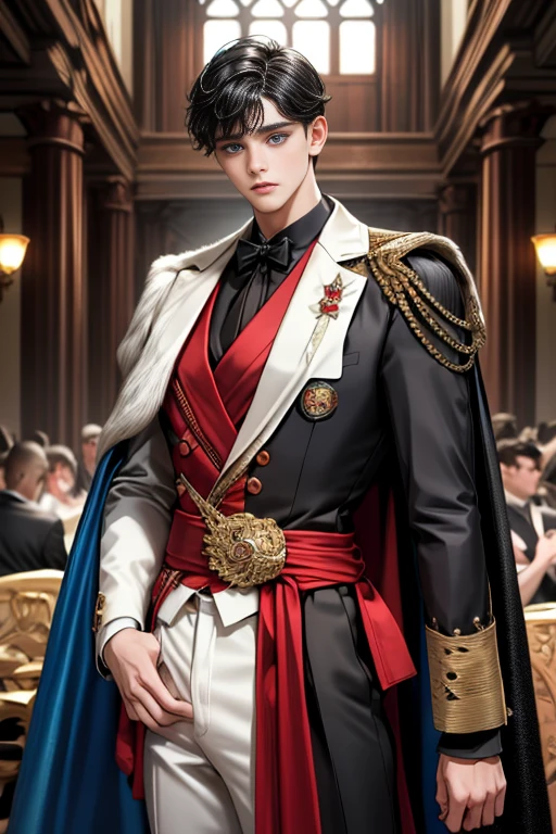 masterpiece, 最high quality, high quality, 1 boy, alone, Male focus, Watching the audience, Messy black hair, Adorable big blue eyes, White, Noble, Noble,A sexy, voluminous, puffy cape、tuxedo、A very voluminous, large, very large, very large, long, long red and black cape with a high stand-up collar, made of a lot of fabric that reaches down to the floor., 17 years old,Cute beautiful boys,Cute, cute, kind, handsome guy