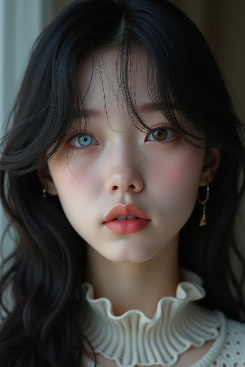 a beautiful detailed korean girl, heterochromia, one blue eye one brown eye, thoughtful expression, long black hair, full lips, (best quality,8k,ultra-detailed,realistic,photorealistic:1.37),hyperrealism,detailed portrait,dramatic lighting,cinematic,