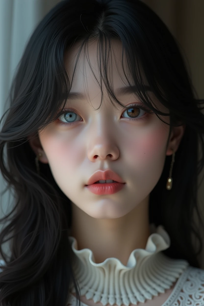 a beautiful detailed korean girl, heterochromia, one blue eye one brown eye, thoughtful expression, long black hair, full lips, (best quality,8k,ultra-detailed,realistic,photorealistic:1.37),hyperrealism,detailed portrait,dramatic lighting,cinematic,