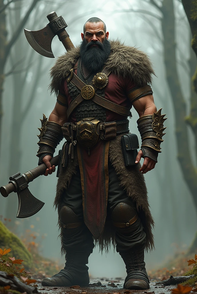 This man is human, turn him into a half-orc, with just a big axe on his back.