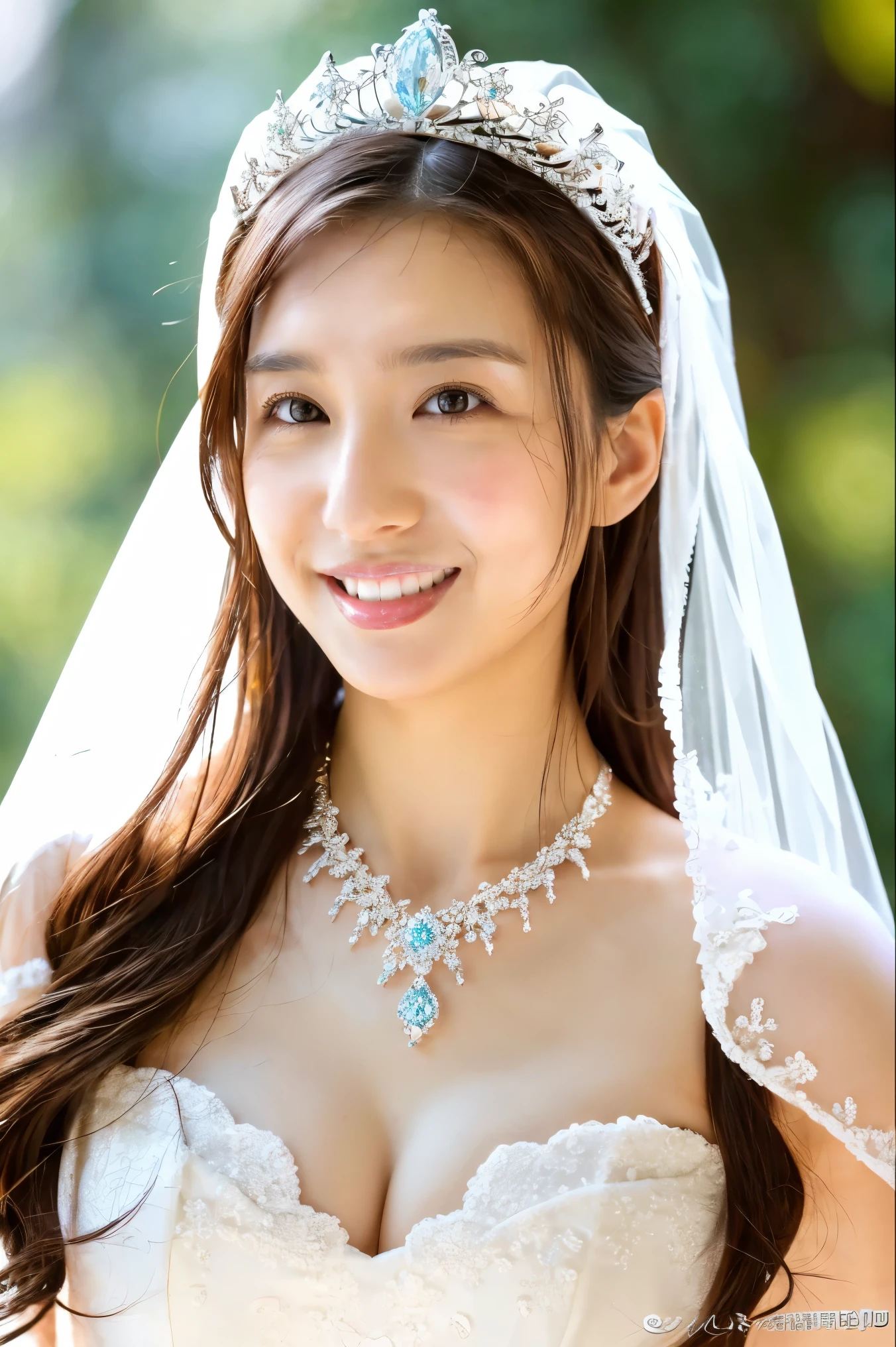 (Highest quality、Tabletop、8k、Best image quality、Award-winning works)、Beautiful Bride、(alone:1.1)、(The most extravagant and gorgeous huge pure white wedding dress:1.2)、(Perfect Wedding Lace:1.2)、(The most gorgeous and luxurious giant tiara:1.3)、(The most extravagant and luxurious giant necklace:1.3)、(A vibrant bouquet:1.3)、The finest jewellery decoration、Perfect Makeup、Long eyelashes、Ultra HD Shining Eyes、Ultra HD Hair、Ultra-high resolution glossy lips、Super high resolution beautiful face、(Accurate anatomy:1.1)、Very bright and beautiful skin、very bright and vivid、(Front facing body:1.2)、(The most refreshing and beautiful forest background:1.1)、(Small cleavage:1.1)、(Perfect beautiful bridal photos:1.1)、(The best smile:1.1)、(perfect beautiful teeth:1.1)、(Face close-up:1.1)