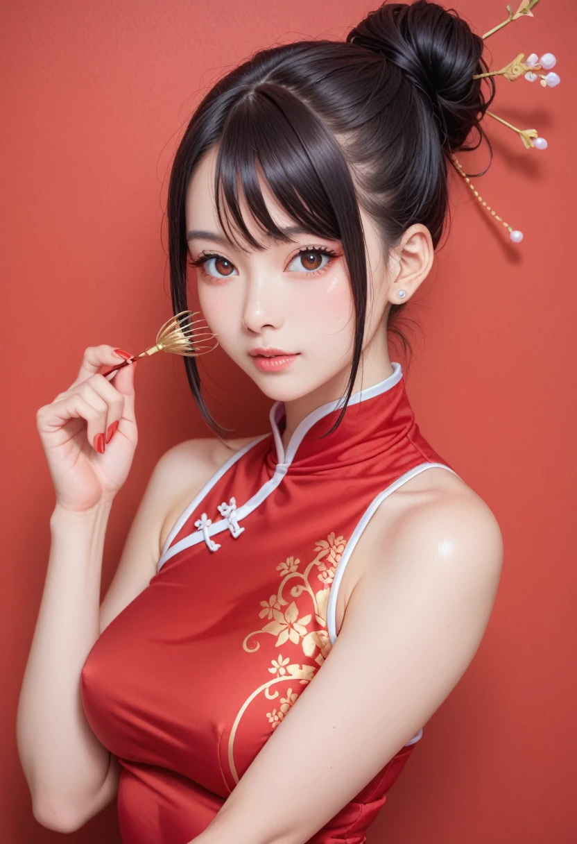 score_9,score_8_up,score_7_up,(pastel-color),(high brightness colors),1 girl,solo,(8k, masterpiece, ultra-detailed, best quality, ultra high res, newest, very aesthetic, absurdres, illustration, perfect composition),(hires),looking at viewer,black hair,shiny skin,fair skin,(upper body:1.5),Cute 20-year-old Japanese girl, wearing a tight red cheongsam, emphasizing her curvy body, beautiful Chinese-style interior background
