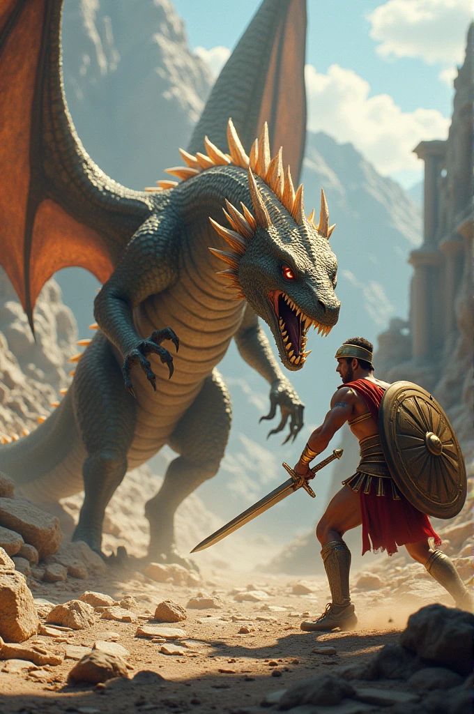 create a picture of a dragon fighting an ancient Greek warrior, make it as good as possible