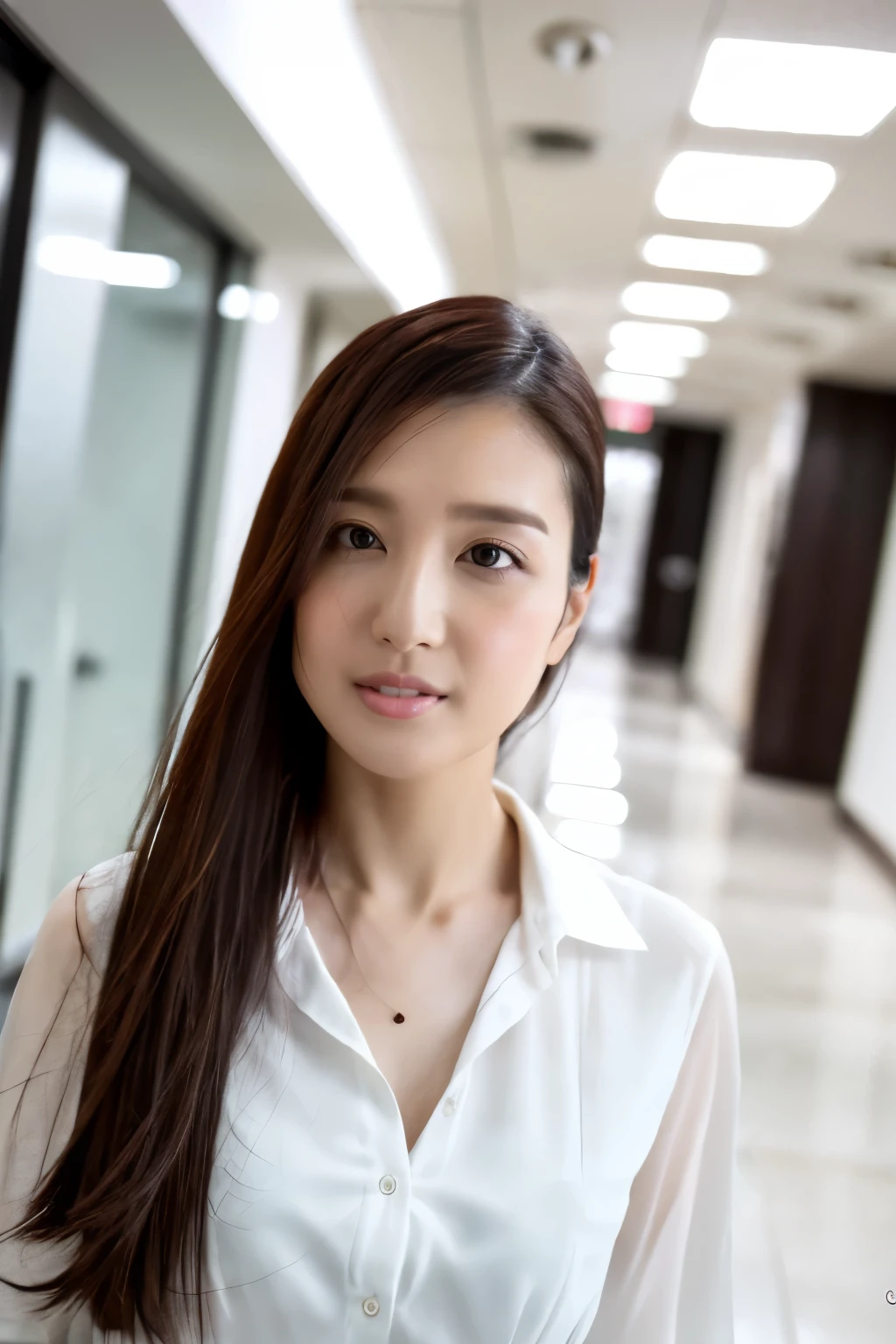 (Highest quality、Tabletop、8k、Best image quality、Award-winning works)、1 Beauty,Great face and eyes, (An ennui look:1.2), (Highly detailed beautiful face), Bright and shiny lips, look at me、(Elegant white office blouse:1.1)、(Face close-up:1.1)、Cinema Lighting、(Standing in a stylish and beautiful modern office corridor:1.2)、(Strongly blurred background:1.4)、(Romantic lighting for epic films:1.3)、(Tyndall effect:1.2)、(Accurate anatomy:1.1)、(Very white skin:1.2)、(High nose:1.1)、(Exposing the forehead:1.1)、Straight Long Hair、Staring at me
