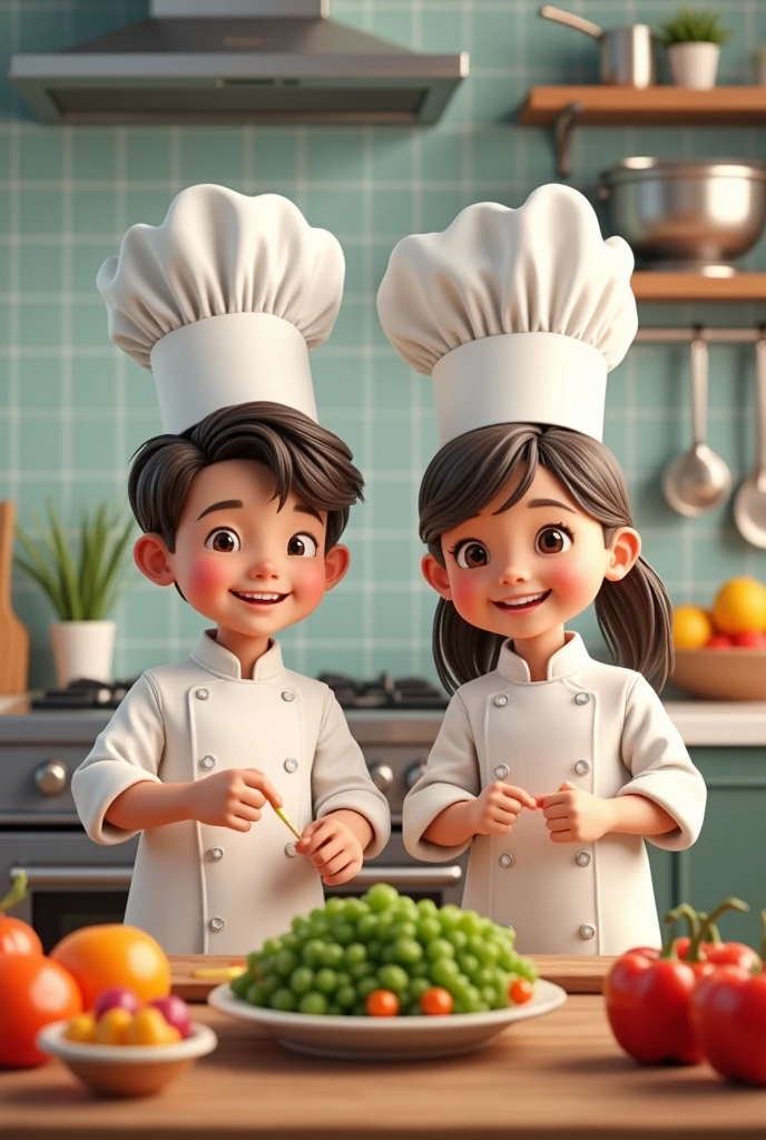 Genrate a image of 2 children 1 boy and 1 girl both wearing chef clothes with beautiful background of modern kitchen