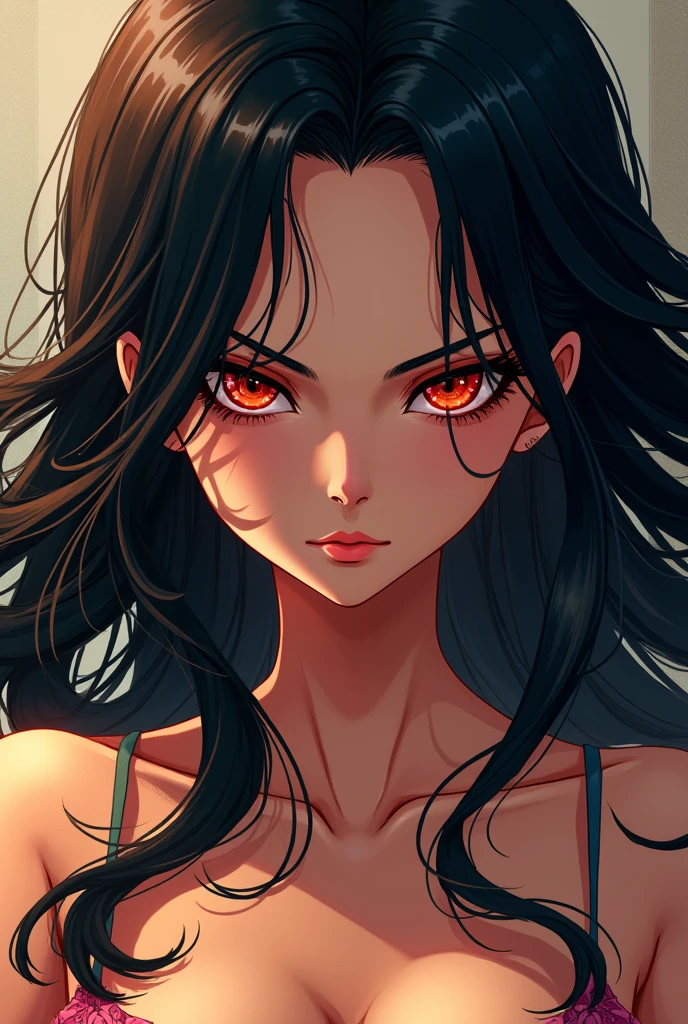 Beautiful woman one piece style, black hair, light red eyes