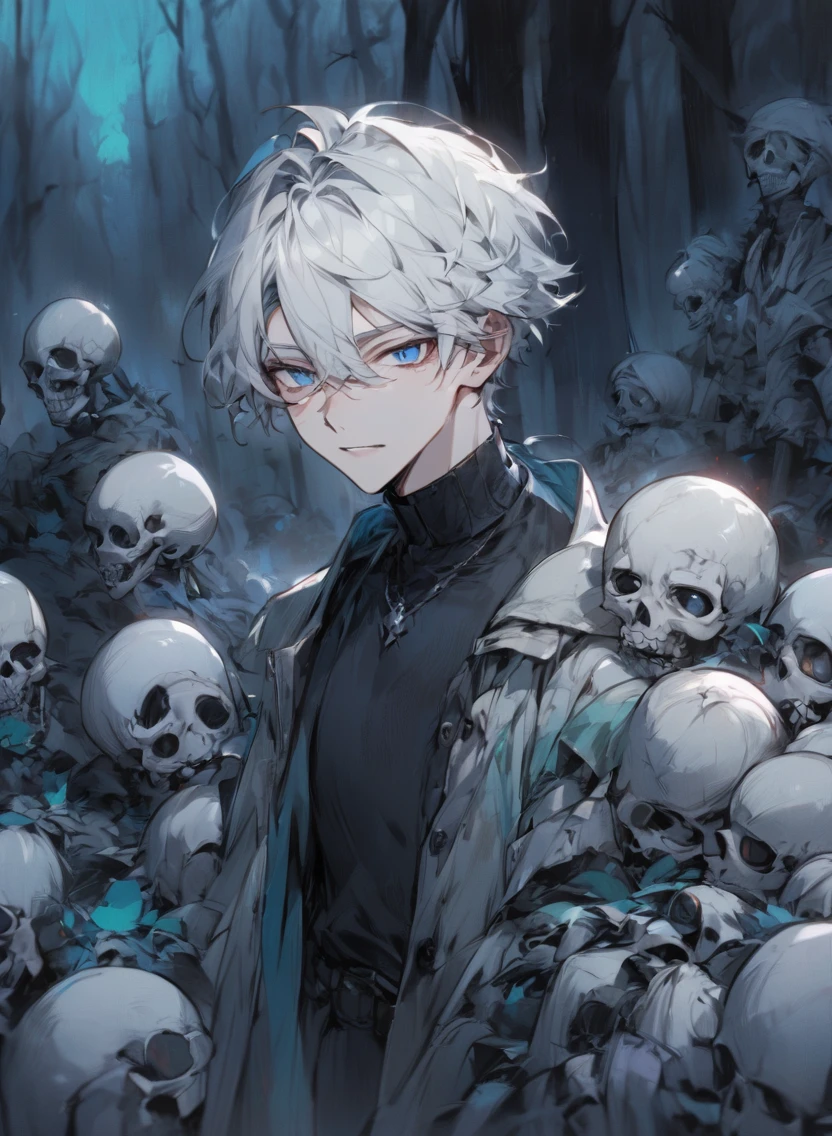 young man ,Male Dark, dark Woods, cold colors, man white hair with blue eye, Warlock dnd , Skeleton army in background, calm face expression
