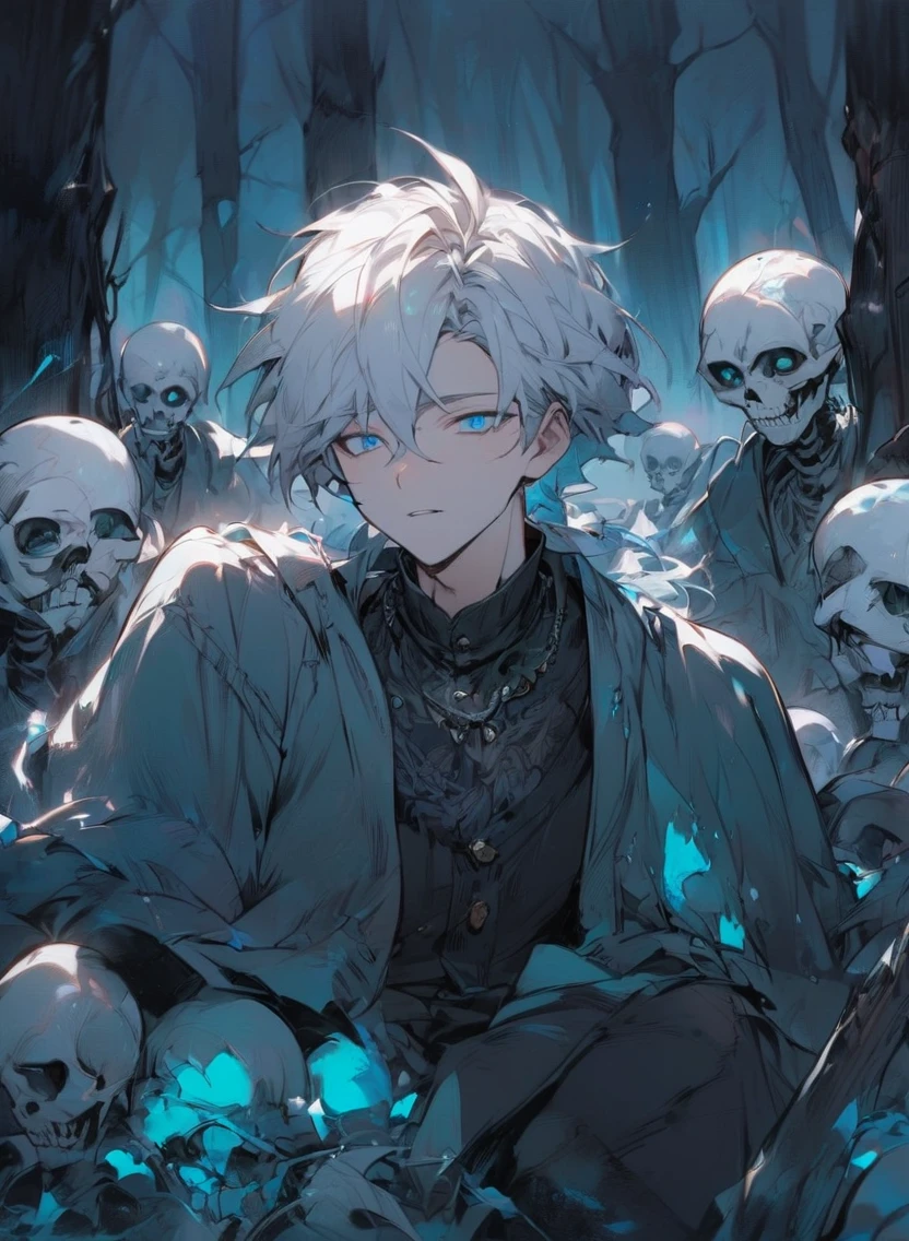 young man ,Male Dark, dark Woods, cold colors, man white hair with blue eye, Warlock dnd , Skeleton army in background, calm face expression