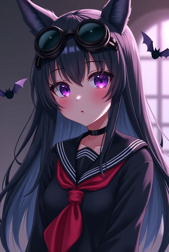 black long straight haircut, black red sailor school dress, fantasy, violet eye, semi anime, black goggle on head, baseall bat