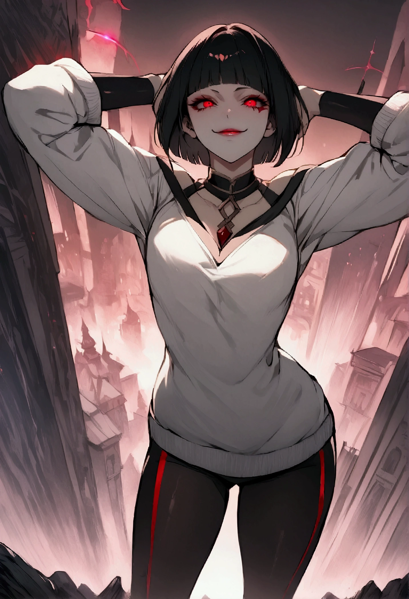 standing,alone,short hair,work of art,face detailed,young fitness linda,Wearing black pantyhose,white sweater ,neckleace,evil smile,red eyes glowing,labiaa,eye shadow,bangs on the eyes,HANDS BACK