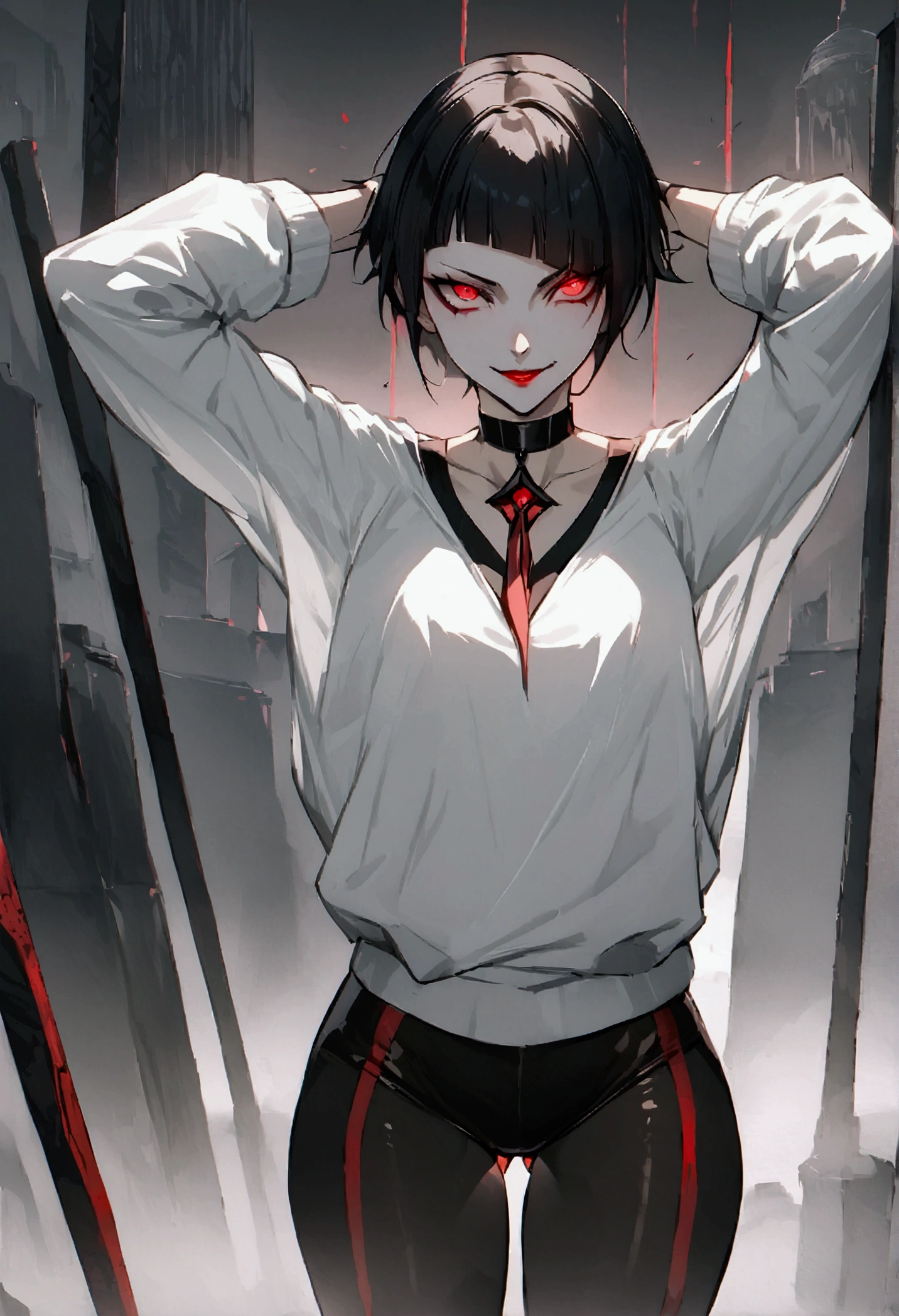 standing,alone,short hair,work of art,face detailed,young fitness linda,Wearing black pantyhose,white sweater ,neckleace,evil smile,red eyes glowing,labiaa,eye shadow,bangs on the eyes,Hands behind the head city