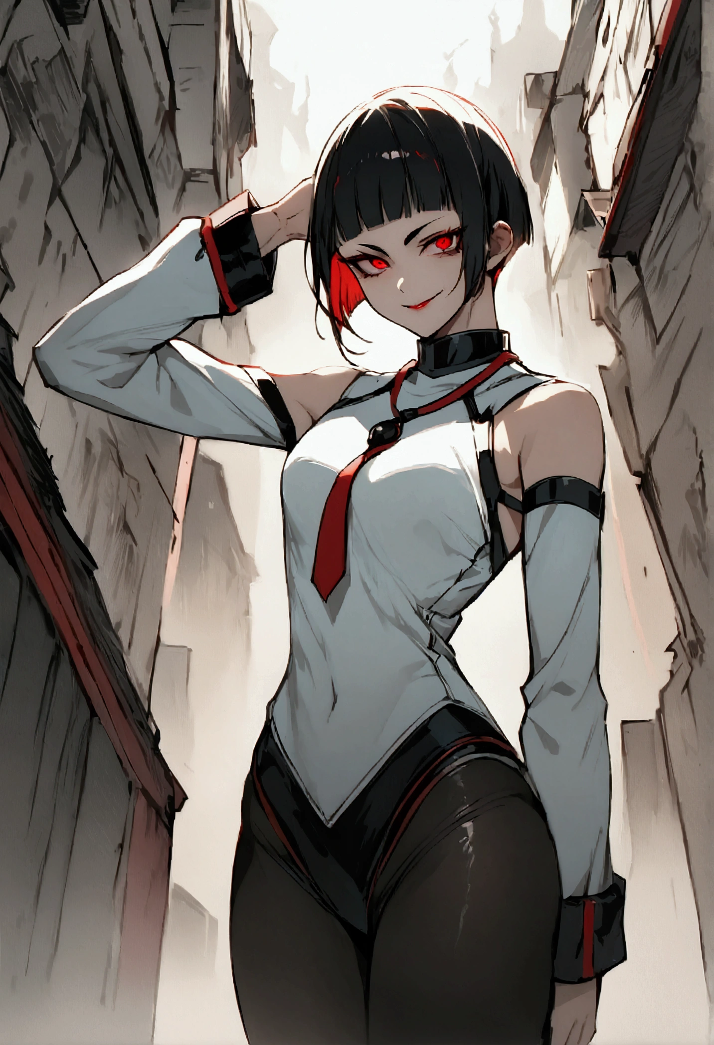 The eyes,fully body,standing,alone,short hair,work of art,face detailed,young fitness linda,Wearing black pantyhose,tight white sweater with collar ,neckleace,evil smile,red eyes glowing,labiaa,eye shadow,bangs on the eyes,black gloves,usando The eyes