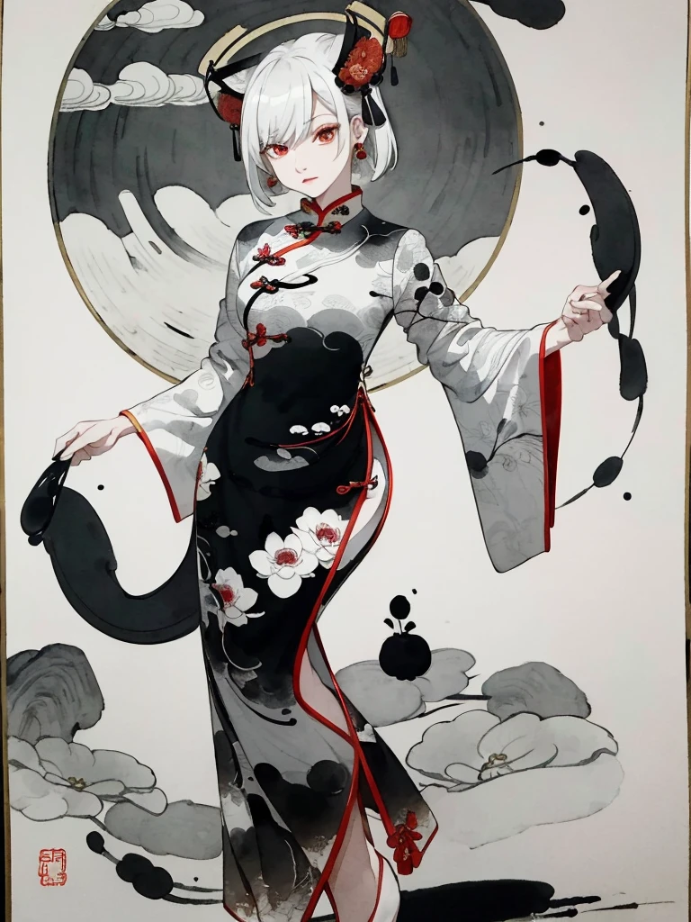((8k,​masterpiece、top-quality))、((Traditional Chinese Ink Painting:1.4)),lotuses,((qipao dress:1.3)),Dress conservatively ,solo、white  hair、fox ear、blanche,looking at viewert