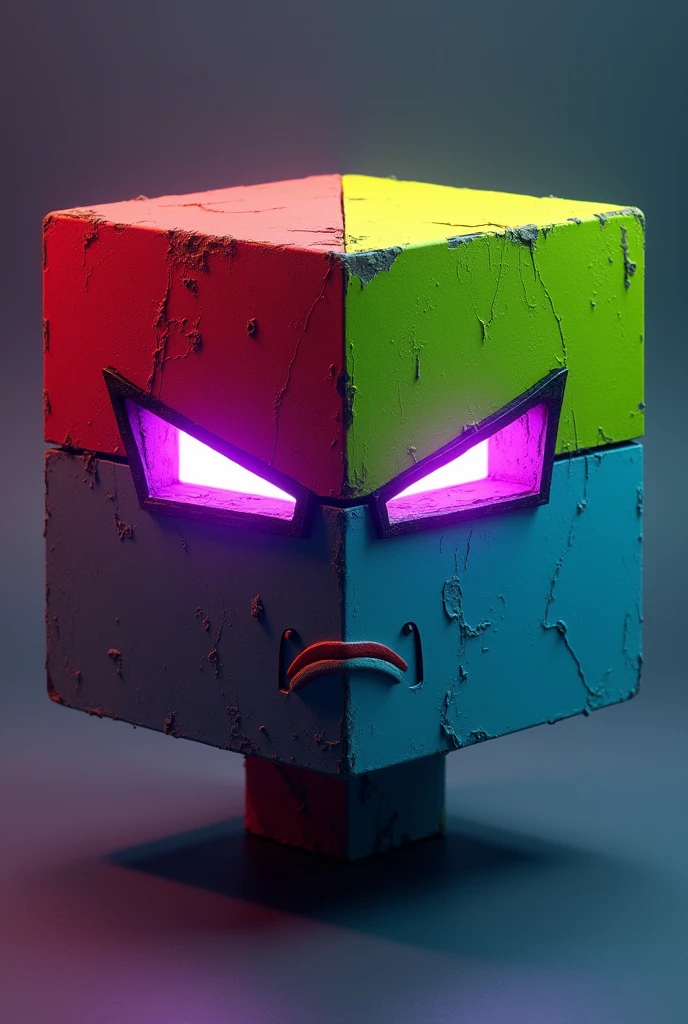 cube, front part is divided into four colors; red, green, blue and yellow. The eyes are rectangular, phosphorescent purple and with an angry expression, without a mouth or nose, cyberpunk style.