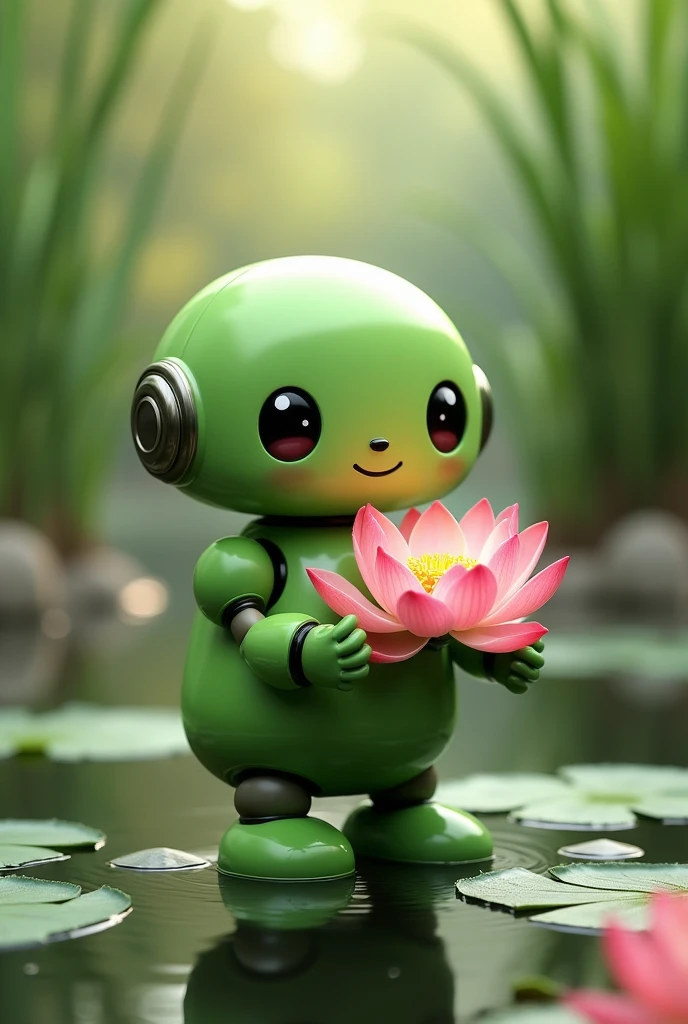 Friendly little green chubby robot, delivering a lotus flower