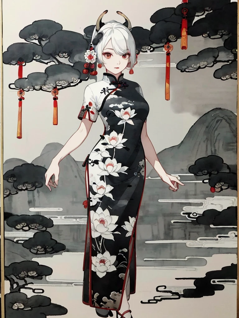 ((8k,masterpiece、top-quality))、((Traditional Chinese Ink Painting:1.4)),lotuses,((qipao dress:1.3)),Dress conservatively ,solo、white hair、fox ear、blanche,looking at viewert