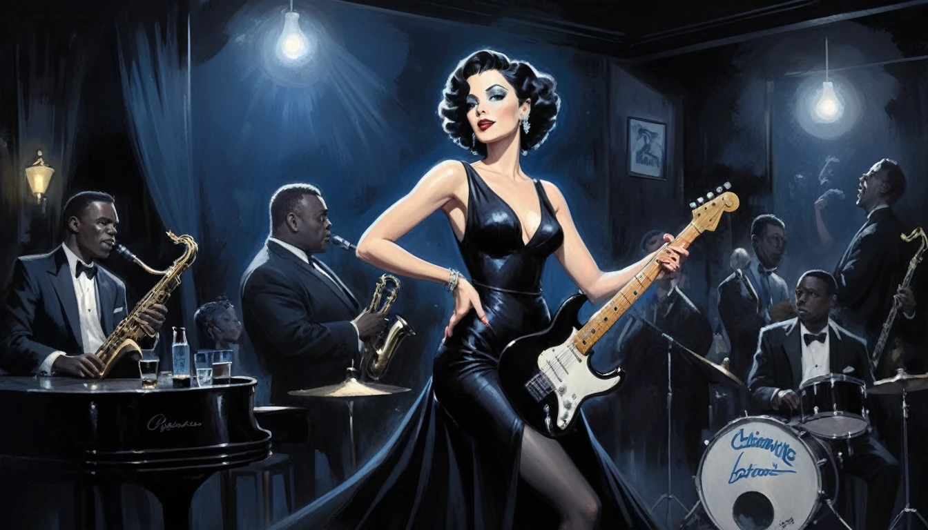 alabama bar, blue note, charismatic, baterist, guitarist, saxophonist, jazz band, black dress, illustration, noir fantasy, singer lady,