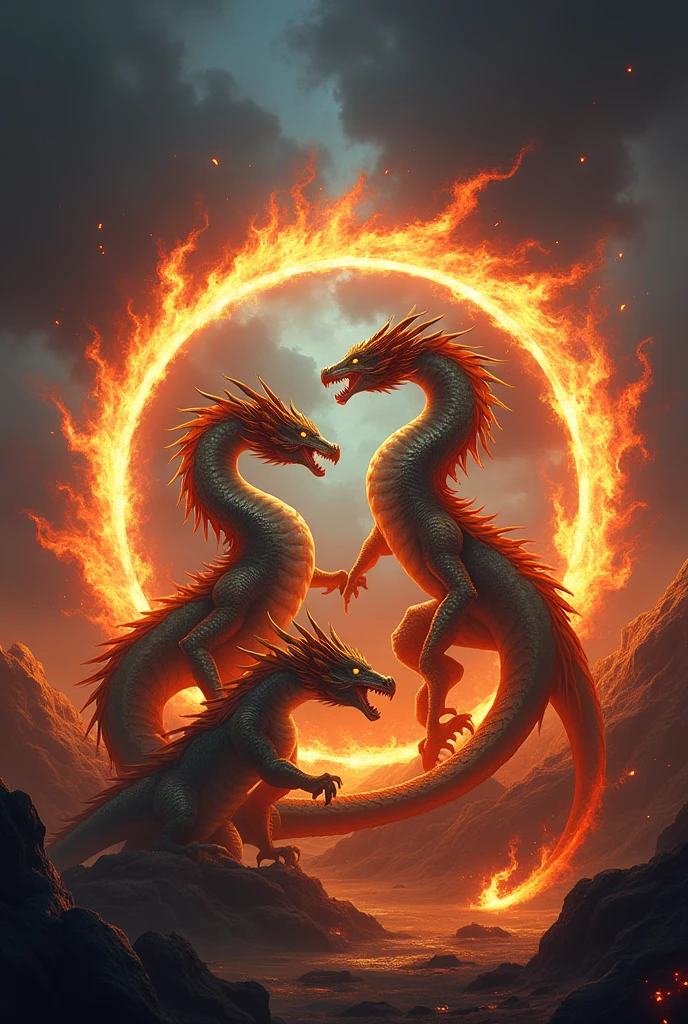 Create 3 dragons in a circle of fire