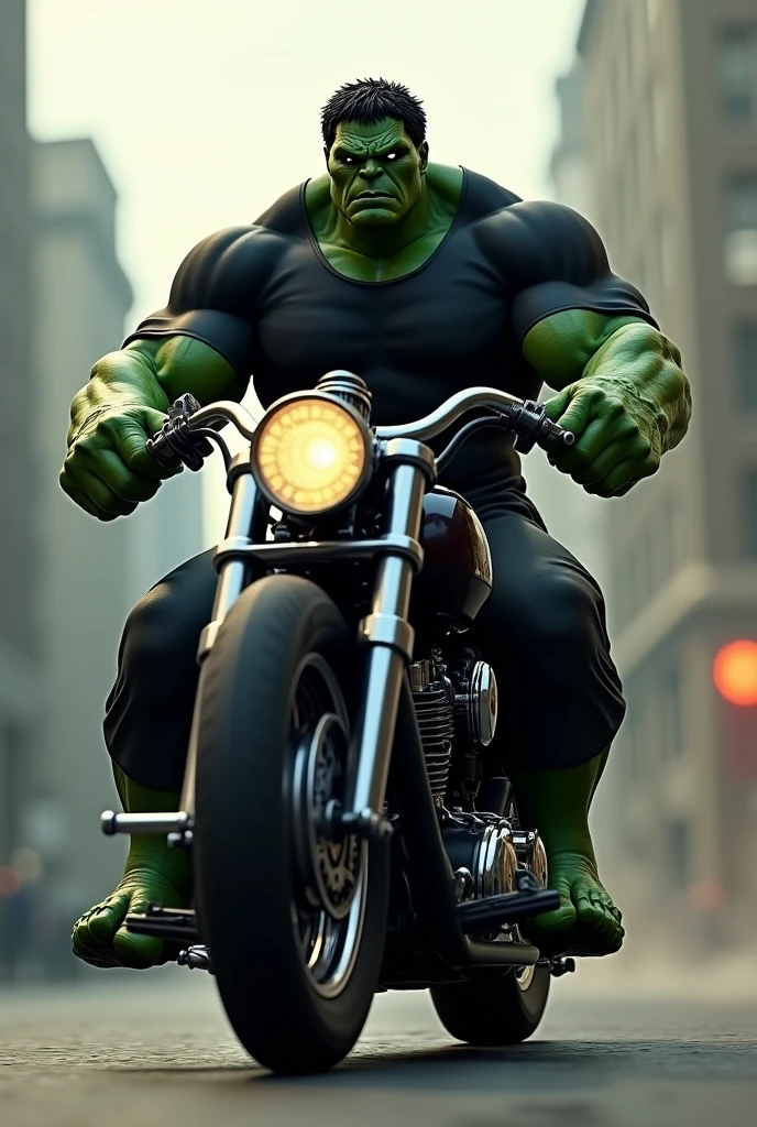 hulk dressed in black with long sleeves on black chopper motorcycle