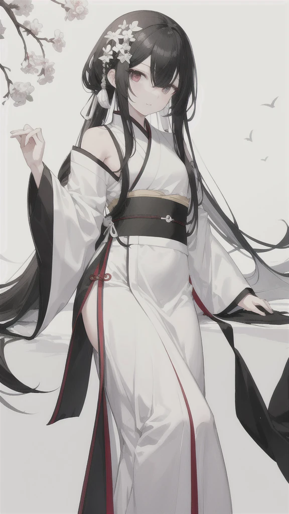 wagtail,Long black hair,Hair tips are white,Different colored eyes,The left eye is black,Right eye is silver,Black and white Hanfu